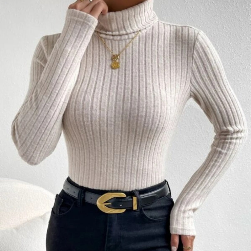 Feinstrick Oberteil mit Rollkragen & V-Ausschnitt – Hollow Stripe Design